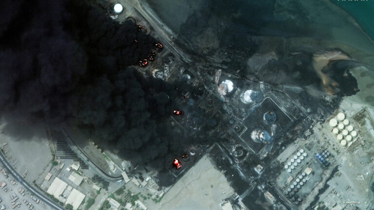 A satellite image shows a closer view of burning oil tanks after an Israeli air strike in Hodeidah