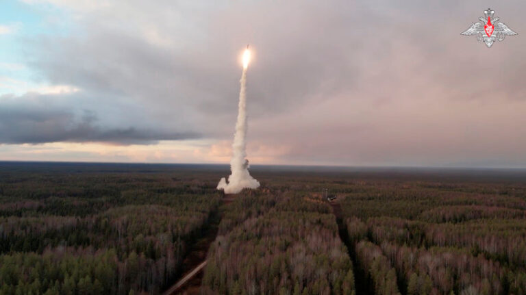 A Yars intercontinental ballistic missile is launched during a test from the Plesetsk cosmodrome